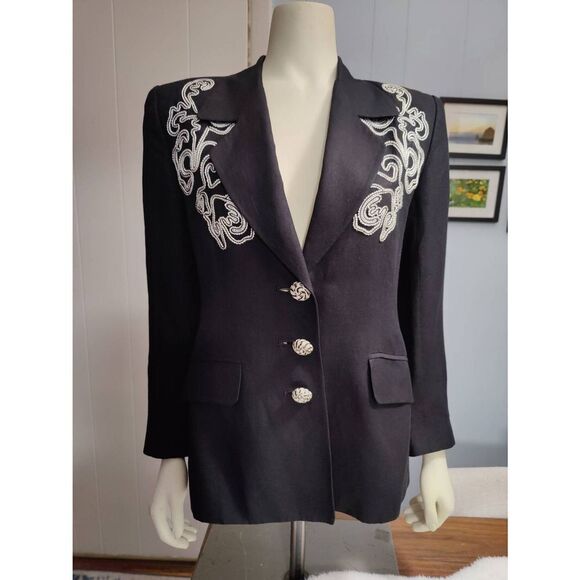 Dana Buchman Linen Blend Embroidered Lined Fitted Blazer with Shoulder Pads - Picture 2 of 6